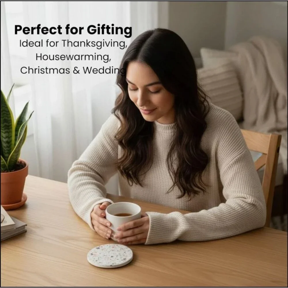 NIB Terrazzo Drink Absorbent Coasters with Holder Set of 6, Ceramic Coasters